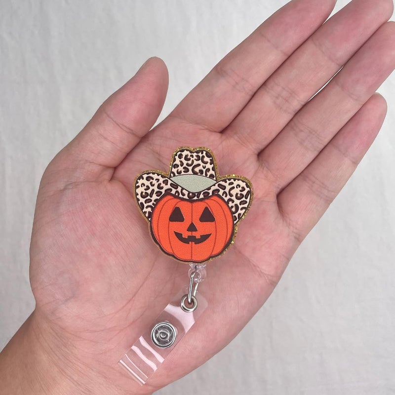 LEBEIGHT Funny Jack-O-Lantern Badge Reel Retractable, Cowboy Pumpkin Halloween Badge Reel for Nurse Nursing RN CNA LPN CMA & Medical Worker, Fall Nurse Badge Holder with Alligator Clip & 24” Durable Nylon Cord - Image 3